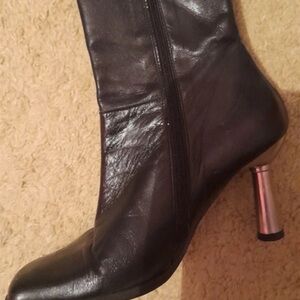 Boots Black Leather Heeled Boots with Silver Accent